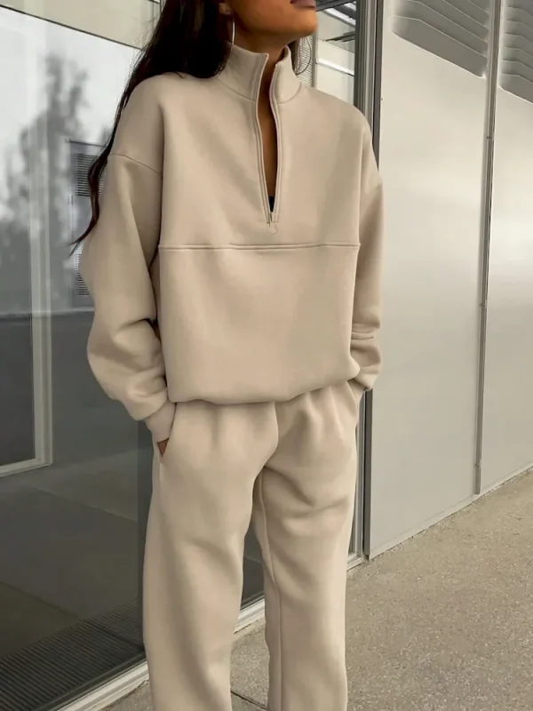 Autumn Winter Women Fashion Solid Color Zipper Lapel Long Sleeve Sweatshirt Pants Two-Piece Set - Image 8