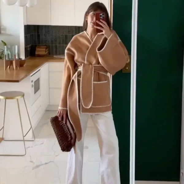 Autumn Winter Women Fashion V-Neck Cardigan Lace-Up Long Sleeve Coat - Image 2