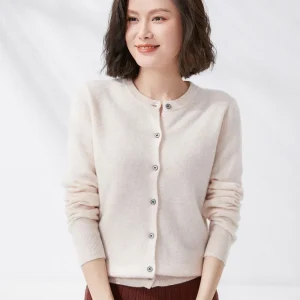Autumn Women Simple Solid Color Round Neck Long Sleeve Cardigan Knitted Sweater