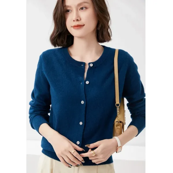 Autumn Women Simple Solid Color Round Neck Long Sleeve Cardigan Knitted Sweater - Image 3