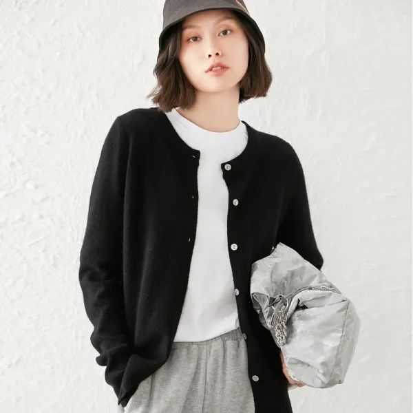 Autumn Women Simple Solid Color Round Neck Long Sleeve Cardigan Knitted Sweater - Image 4
