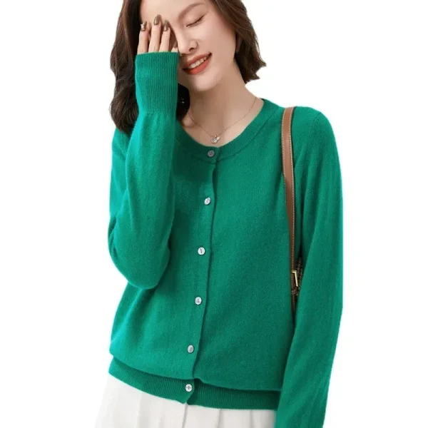 Autumn Women Simple Solid Color Round Neck Long Sleeve Cardigan Knitted Sweater - Image 5