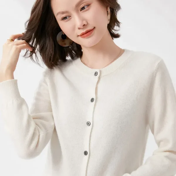 Autumn Women Simple Solid Color Round Neck Long Sleeve Cardigan Knitted Sweater - Image 6