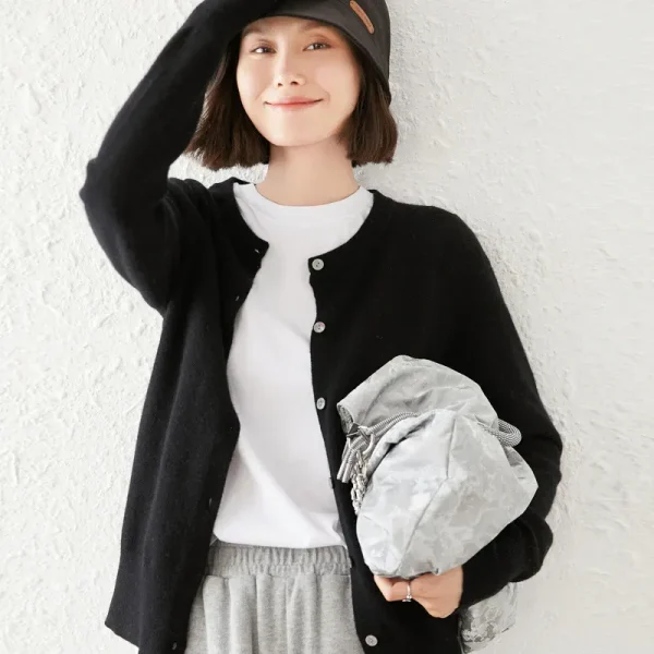 Autumn Women Simple Solid Color Round Neck Long Sleeve Cardigan Knitted Sweater - Image 7