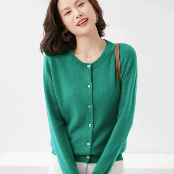 Autumn Women Simple Solid Color Round Neck Long Sleeve Cardigan Knitted Sweater - Image 8
