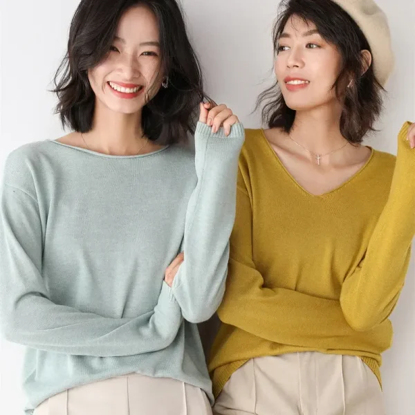Women Fashion Casual Solid Color Round Neck V-Neck Long Sleeve Sweater