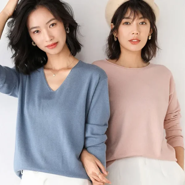Women Fashion Casual Solid Color Round Neck V-Neck Long Sleeve Sweater - Image 2
