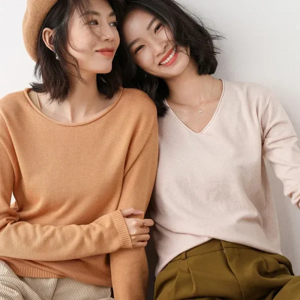 Women Fashion Casual Solid Color Round Neck V-Neck Long Sleeve Sweater - Image 3