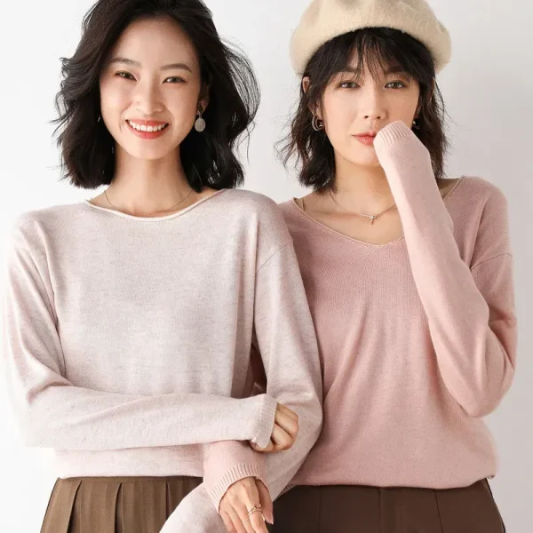 Women Fashion Casual Solid Color Round Neck V-Neck Long Sleeve Sweater - Image 4
