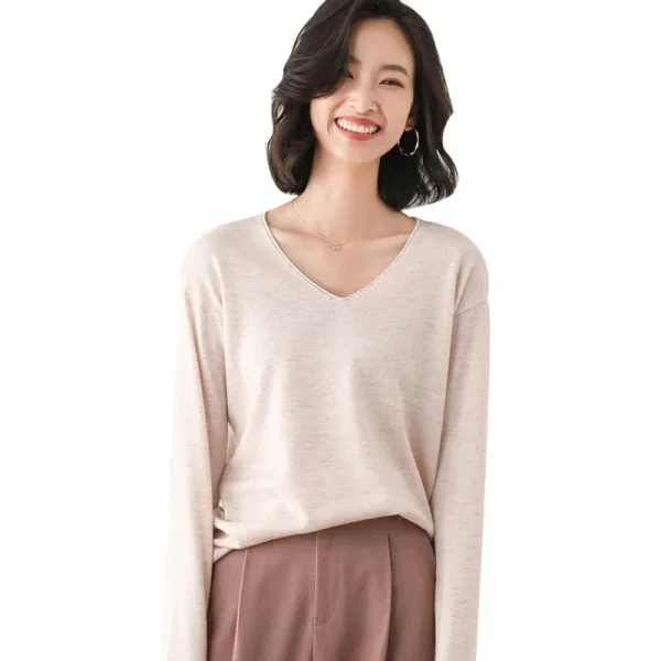 Women Fashion Casual Solid Color Round Neck V-Neck Long Sleeve Sweater - Image 5