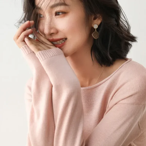 Women Fashion Casual Solid Color Round Neck V-Neck Long Sleeve Sweater - Image 8