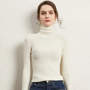 Autumn Winter Women Fashion Solid Color High Neck Long Sleeve Knitted Sweater