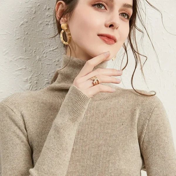 Autumn Winter Women Fashion Solid Color High Neck Long Sleeve Knitted Sweater - Image 2