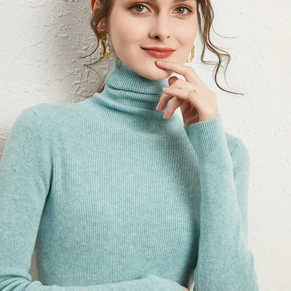 Autumn Winter Women Fashion Solid Color High Neck Long Sleeve Knitted Sweater - Image 3
