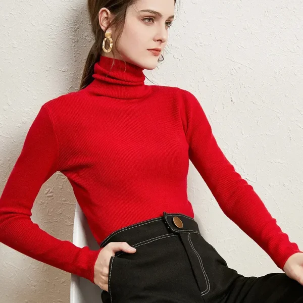 Autumn Winter Women Fashion Solid Color High Neck Long Sleeve Knitted Sweater - Image 7