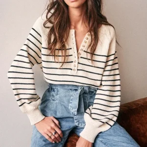 Autumn Winter Women Fashion Black White Stripe Loose Long Sleeve Knitted Sweater