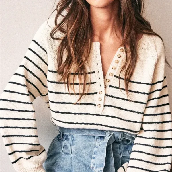 Autumn Winter Women Fashion Black White Stripe Loose Long Sleeve Knitted Sweater - Image 2