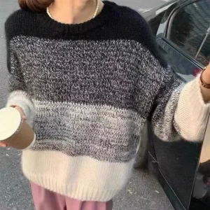 Autumn Winter Women Fashion Loose Color Block Stripe Crewneck Long Sleeve Knitted Sweater