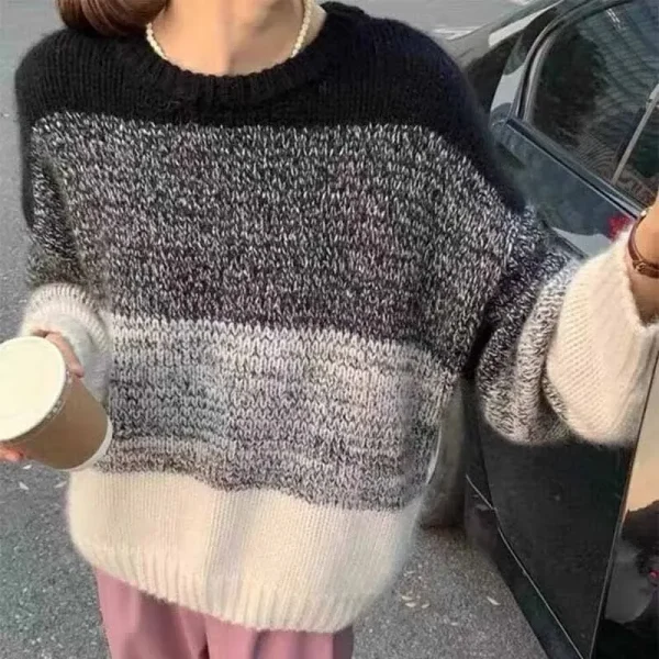 Autumn Winter Women Fashion Loose Color Block Stripe Crewneck Long Sleeve Knitted Sweater - Image 3