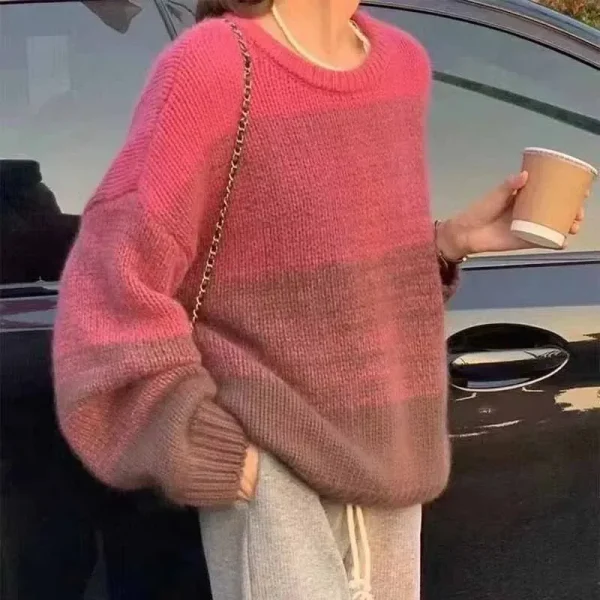 Autumn Winter Women Fashion Loose Color Block Stripe Crewneck Long Sleeve Knitted Sweater - Image 4