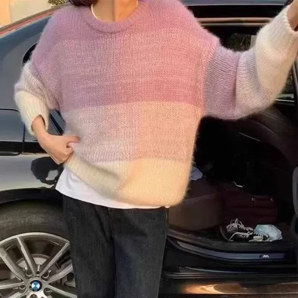Autumn Winter Women Fashion Loose Color Block Stripe Crewneck Long Sleeve Knitted Sweater - Image 6