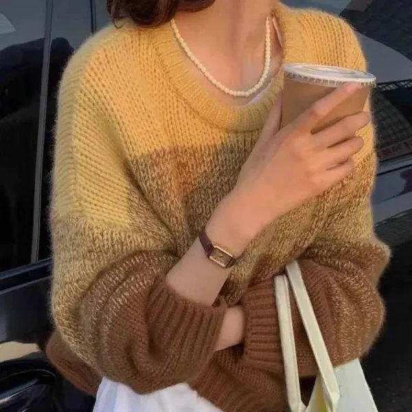 Autumn Winter Women Fashion Loose Color Block Stripe Crewneck Long Sleeve Knitted Sweater - Image 7
