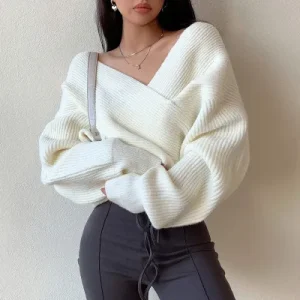 Autumn Winter Women Fashion Solid Color Cross V-Neck Long Sleeve Knitted Sweater