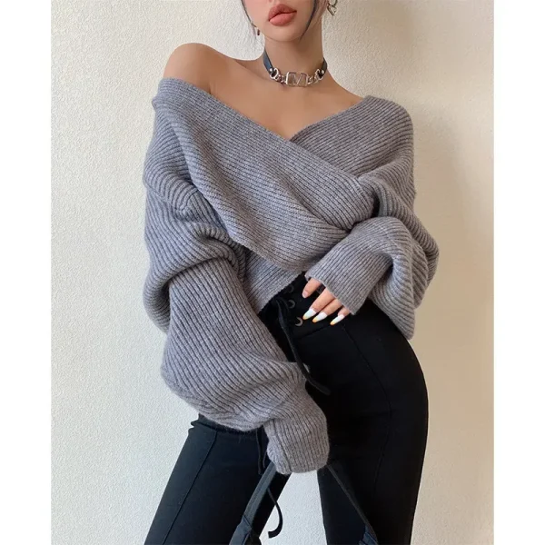 Autumn Winter Women Fashion Solid Color Cross V-Neck Long Sleeve Knitted Sweater - Image 2