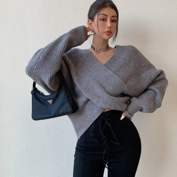 Autumn Winter Women Fashion Solid Color Cross V-Neck Long Sleeve Knitted Sweater - Image 3