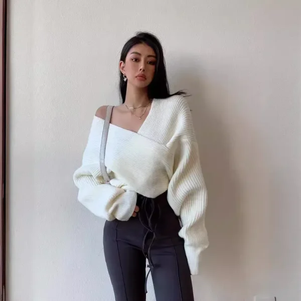 Autumn Winter Women Fashion Solid Color Cross V-Neck Long Sleeve Knitted Sweater - Image 4