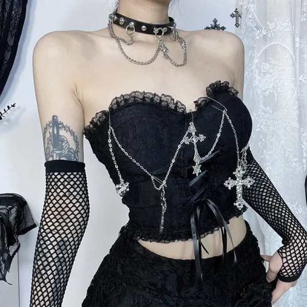 Women Sexy Gothic Cross Chain Strap Tube Top - Image 2