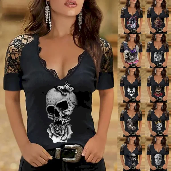 Women Fashion Sexy Gothic V-Neck Lace Skull Print Short Sleeve T-Shirt - Image 2