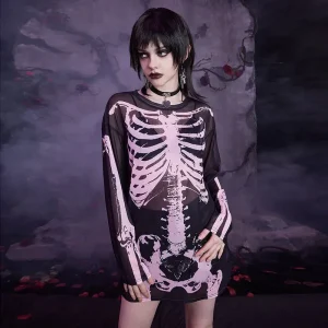 Women Retro Gothic Perspective Mesh Skull Print Long-Sleeved T-Shirt