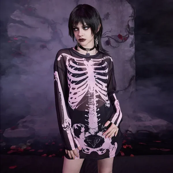 Women Retro Gothic Perspective Mesh Skull Print Long-Sleeved T-Shirt