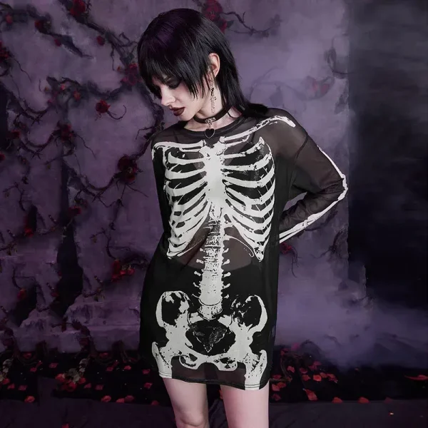 Women Retro Gothic Perspective Mesh Skull Print Long-Sleeved T-Shirt - Image 2