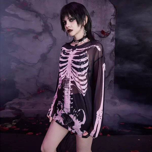 Women Retro Gothic Perspective Mesh Skull Print Long-Sleeved T-Shirt - Image 3