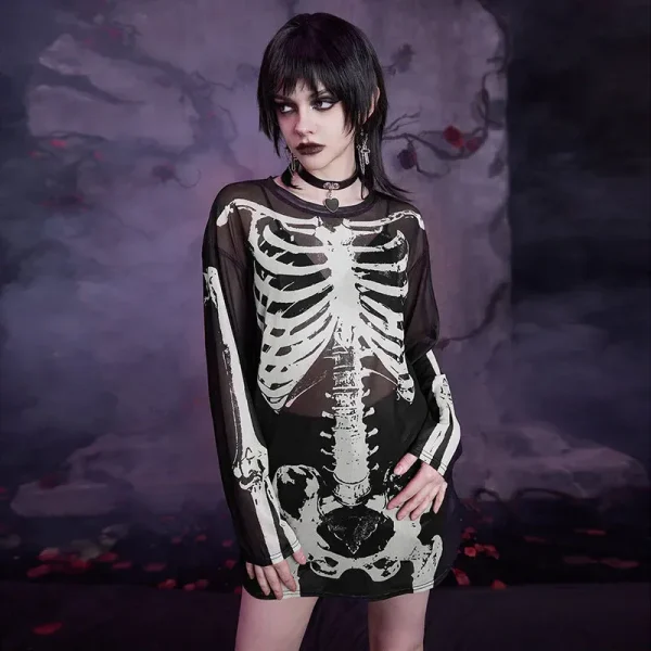 Women Retro Gothic Perspective Mesh Skull Print Long-Sleeved T-Shirt - Image 4