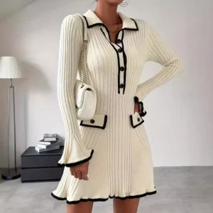 Autumn Women Fashion Lapel Slim Knit Long Sleeve Dress