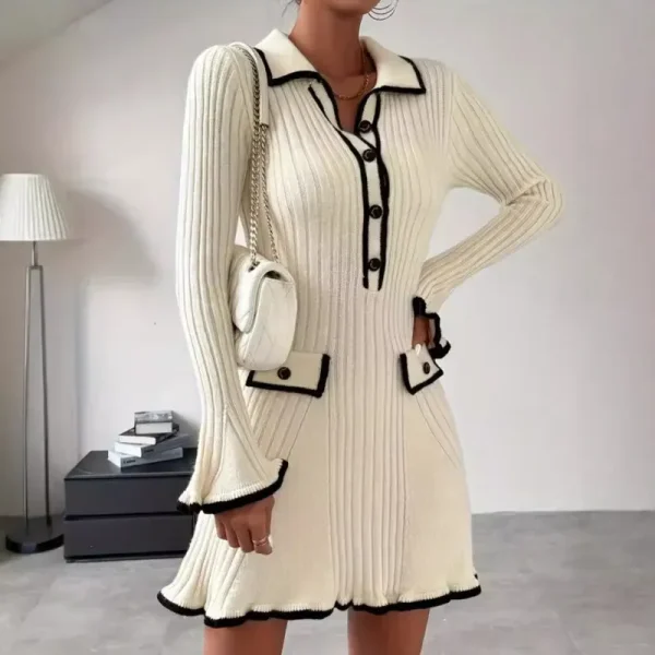 Autumn Women Fashion Lapel Slim Knit Long Sleeve Dress