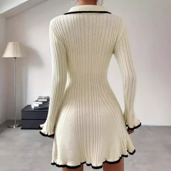 Autumn Women Fashion Lapel Slim Knit Long Sleeve Dress - Image 3