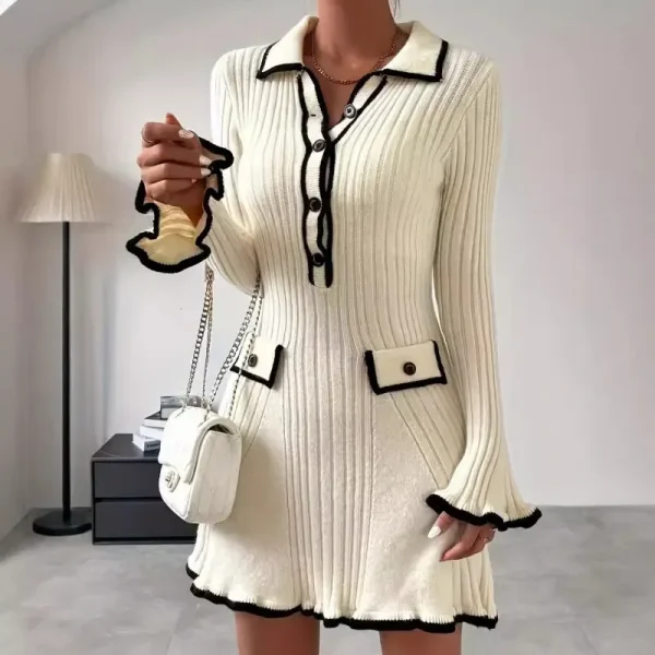 Autumn Women Fashion Lapel Slim Knit Long Sleeve Dress - Image 4