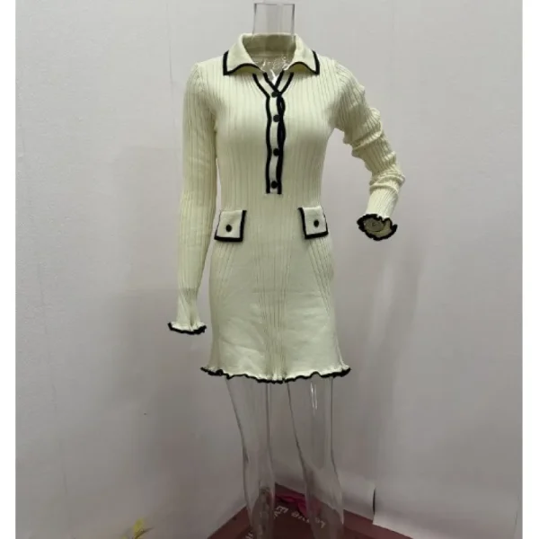 Autumn Women Fashion Lapel Slim Knit Long Sleeve Dress - Image 5