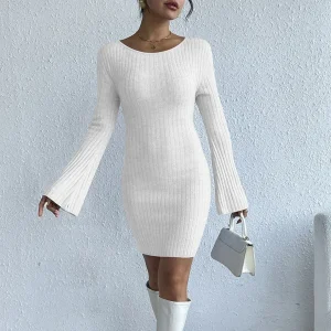 Women Fashion Sexy Round Neck Backless Long Sleeve Knitted Tight Mini Dress