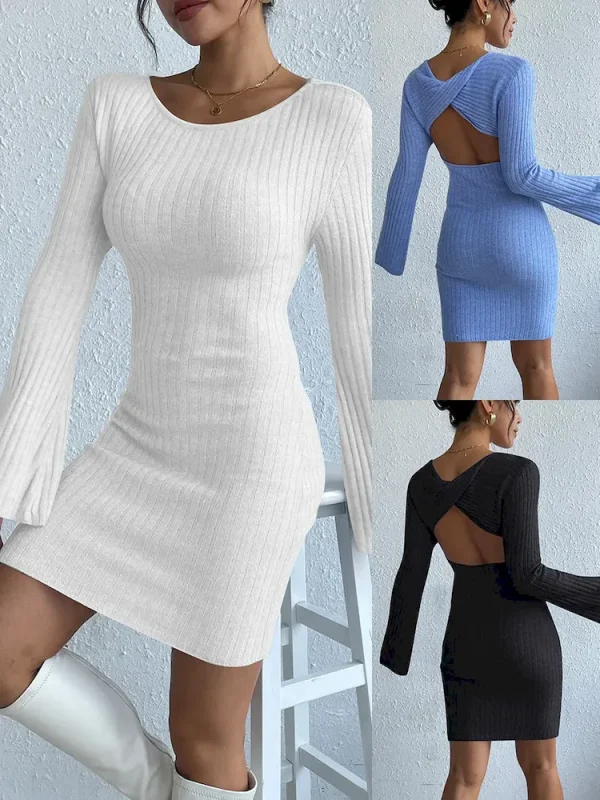 Women Fashion Sexy Round Neck Backless Long Sleeve Knitted Tight Mini Dress - Image 2