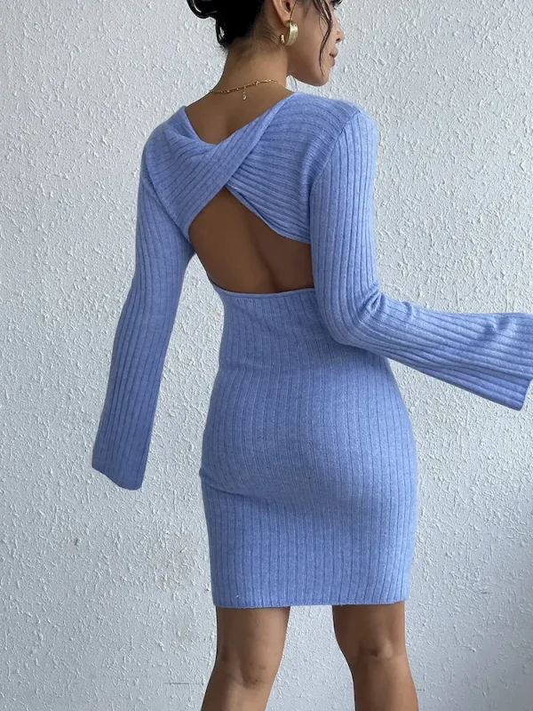 Women Fashion Sexy Round Neck Backless Long Sleeve Knitted Tight Mini Dress - Image 3