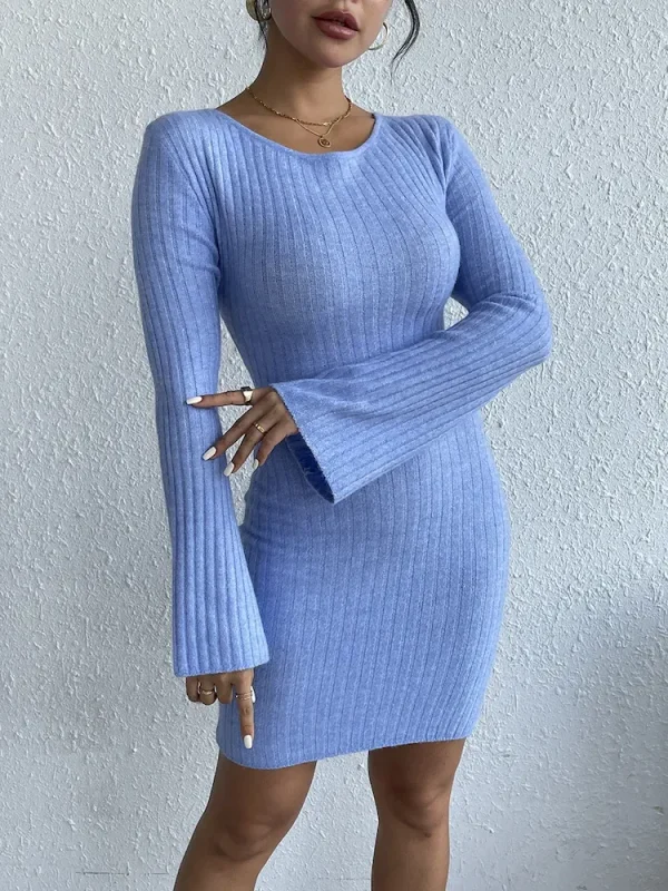 Women Fashion Sexy Round Neck Backless Long Sleeve Knitted Tight Mini Dress - Image 5