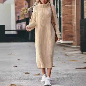 Autumn And Winter Women Fashion High Collar Long Sleeve Knitted Dress