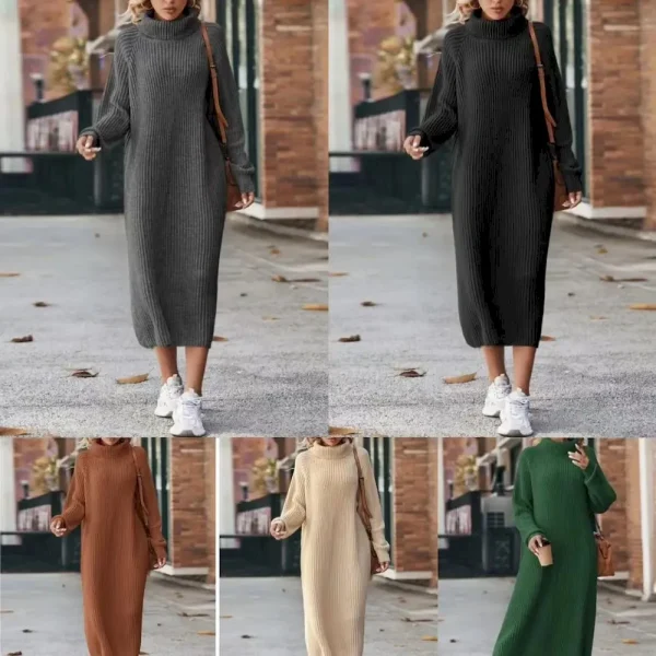 Autumn And Winter Women Fashion High Collar Long Sleeve Knitted Dress - Image 2
