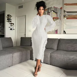 Women Fashion Solid Color Round Neck Long Sleeve Knitted Tassel Edge Dress