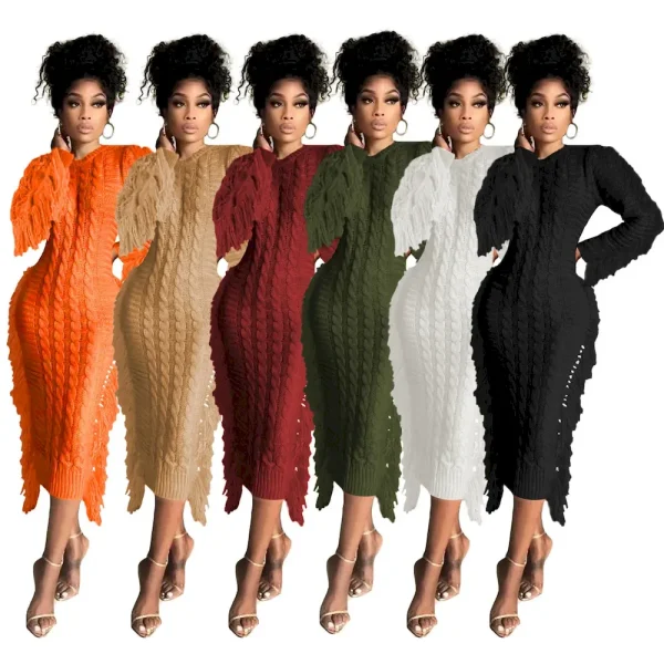 Women Fashion Solid Color Round Neck Long Sleeve Knitted Tassel Edge Dress - Image 2